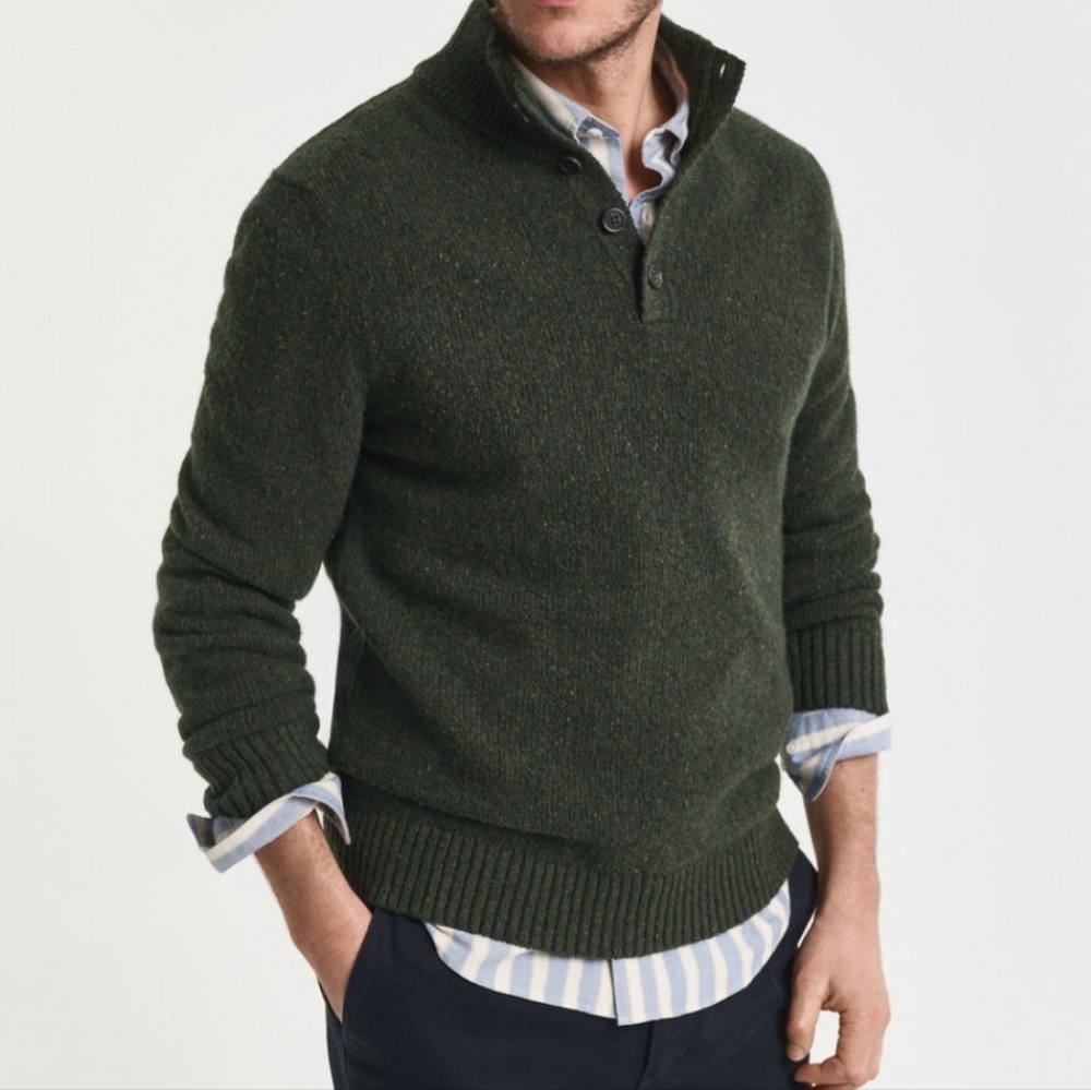 NWT Mens L Merino Wool Olive Green Long Sleeve Half Button Sweater
